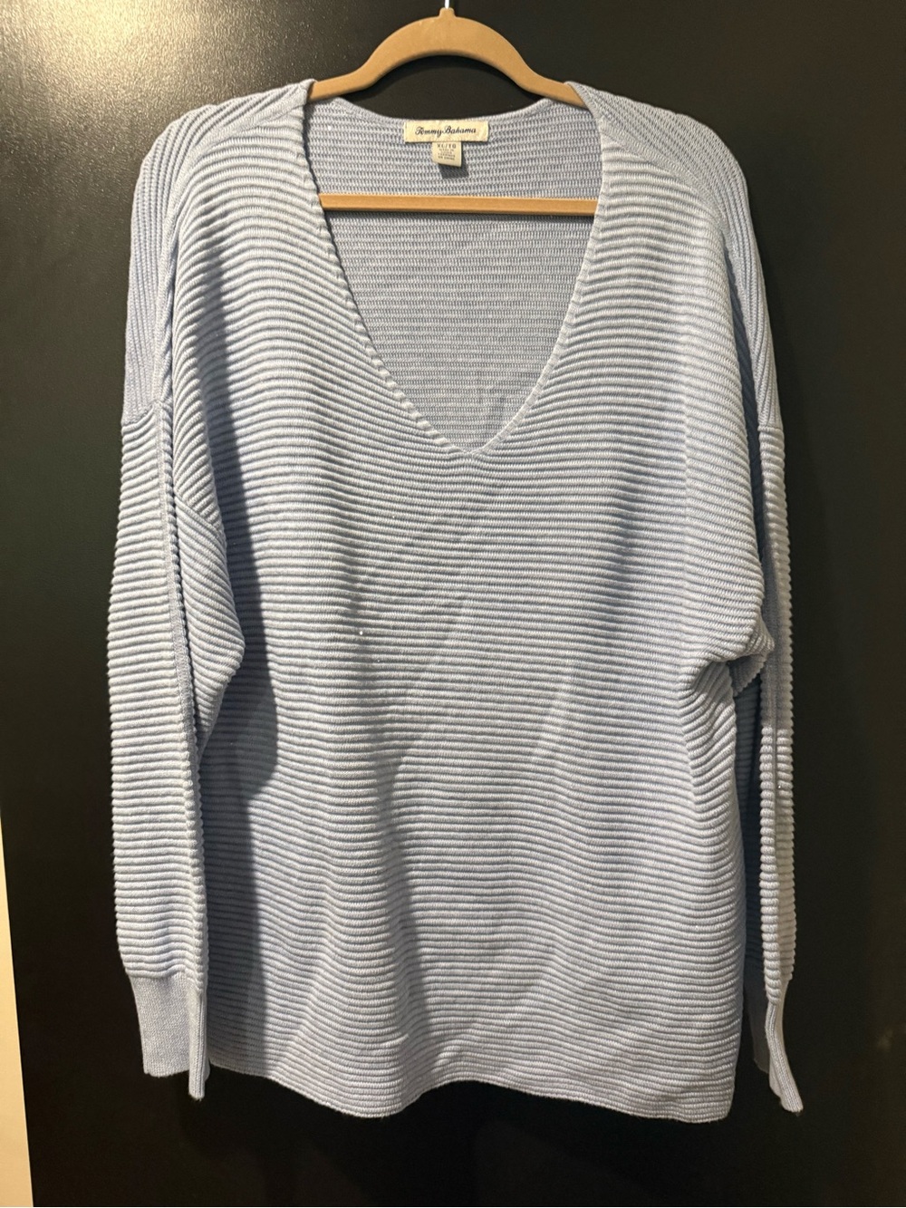 Tommy Bahama Light Blue Ribbed V-Neck Sweater with subtle sparkle